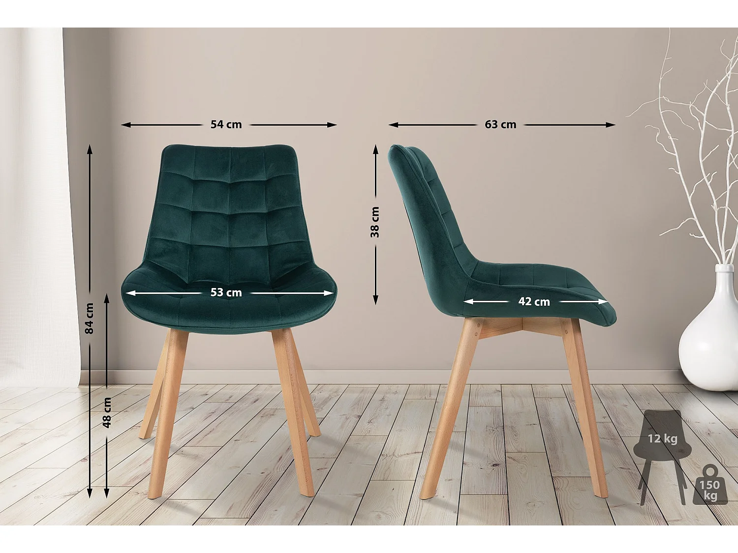 Lot de 2  chaise salle à manger - Velours & Blanc - Vert - Brook