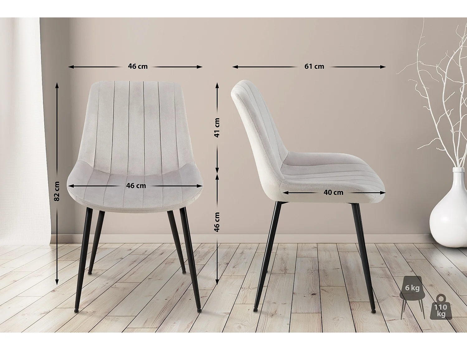 chaise salle à manger - Velours & Blanc - Gris clair - Rahden