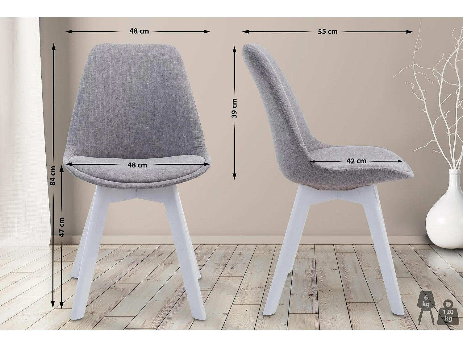 chaise salle à manger - Tissu & Blanc - Gris - Borneo