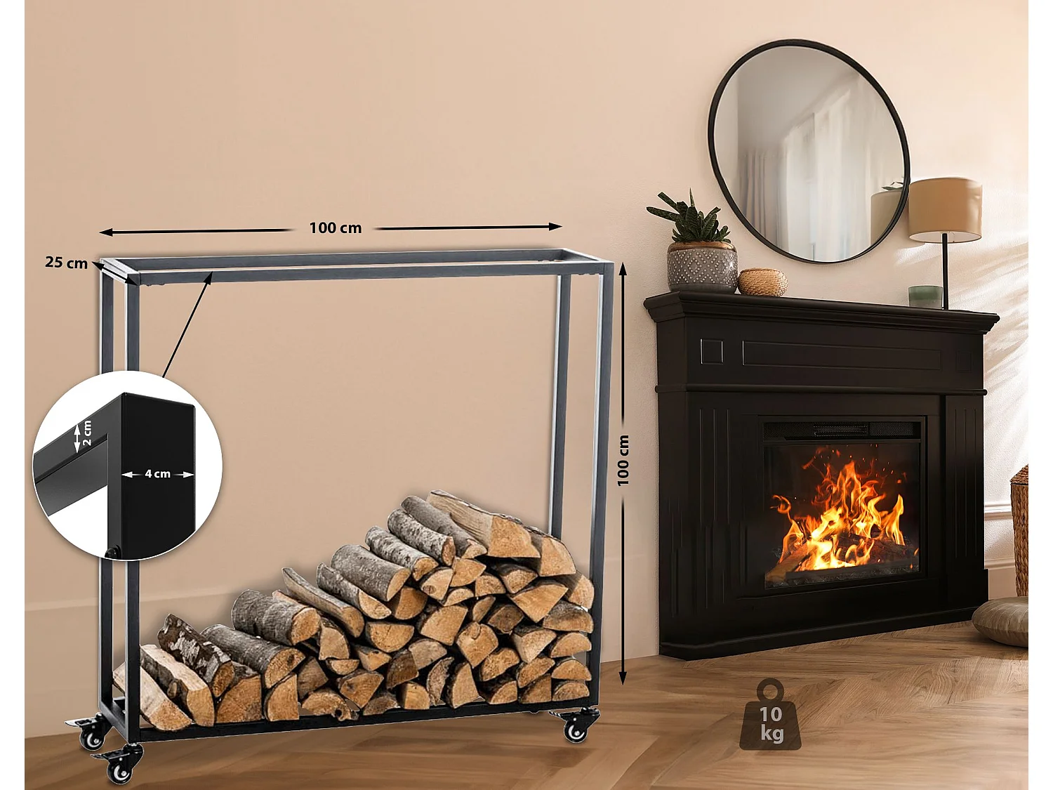 Brandhoutrek  - Metalen - 100 x 25 x 100cm - zwart - Hetta