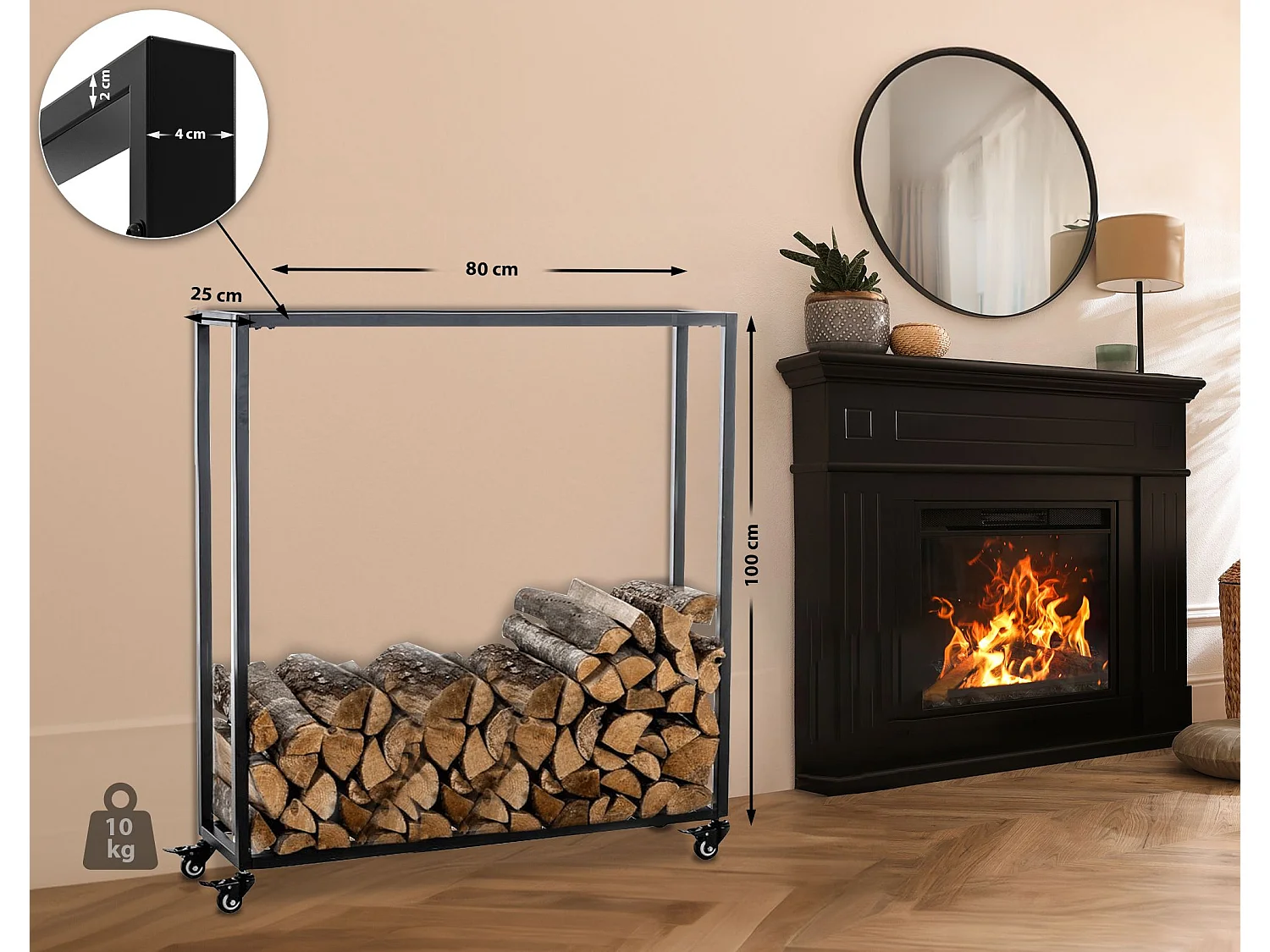 Brandhoutrek  - Metalen - 80 x 25 x 100cm - zwart - Hetta