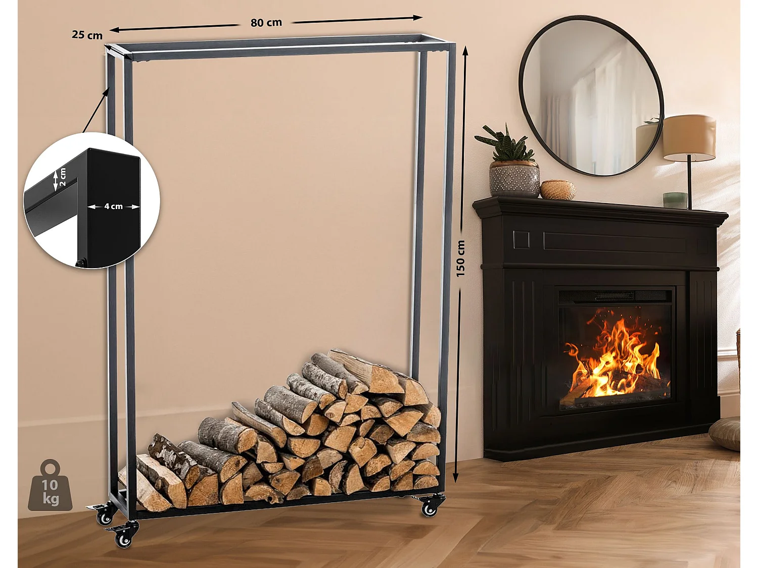 Brandhoutrek  - Metalen - 80 x 25 x 150cm - zwart - Hetta