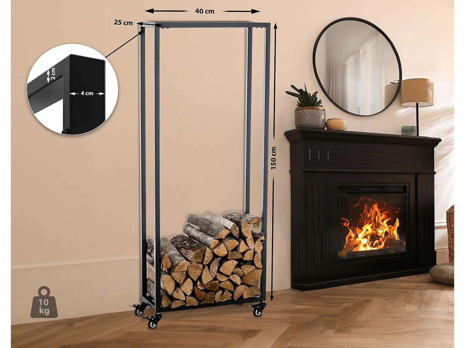 Etagère bois de cheminée - Métal - 40 x 25 x 150cm - Noir - Hetta