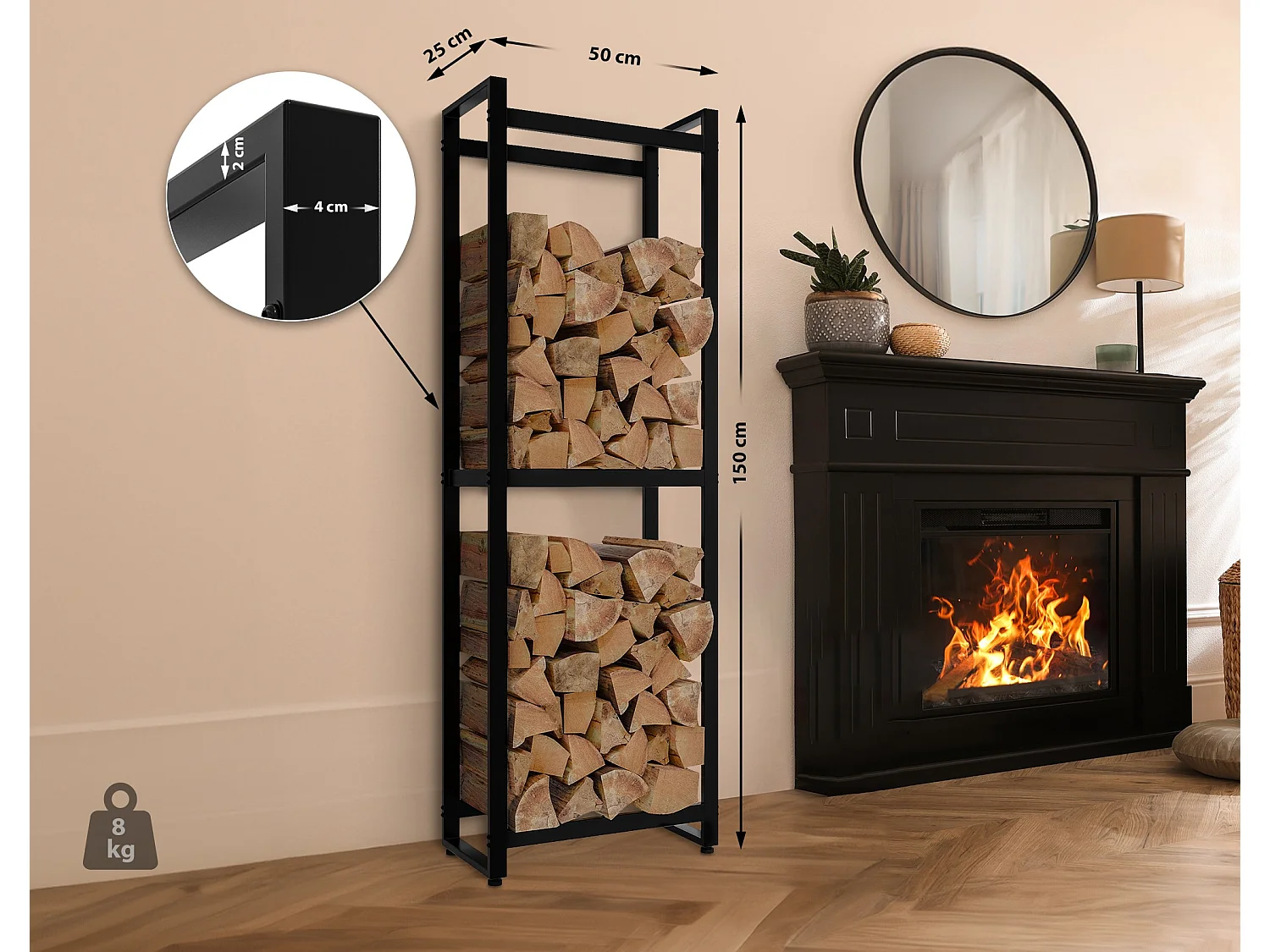 Etagère bois de cheminée - Métal - 50 x 25 x 150cm - Noir - Morson