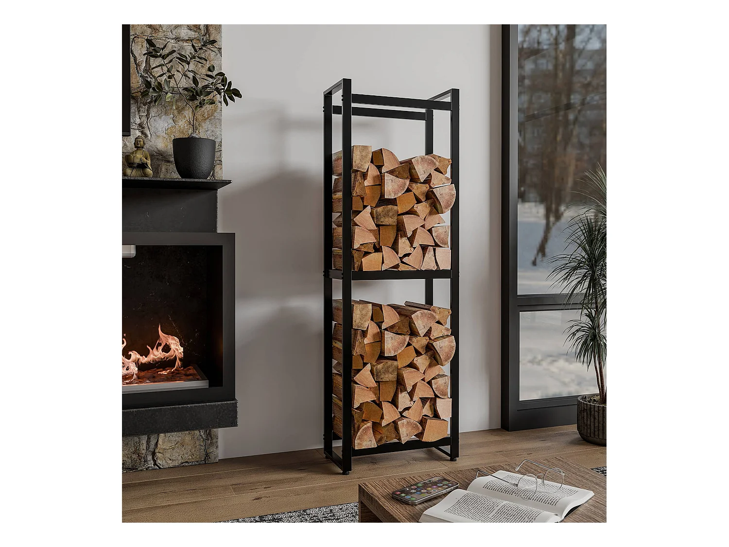 Etagère bois de cheminée - Métal - 50 x 25 x 150cm - Noir - Morson