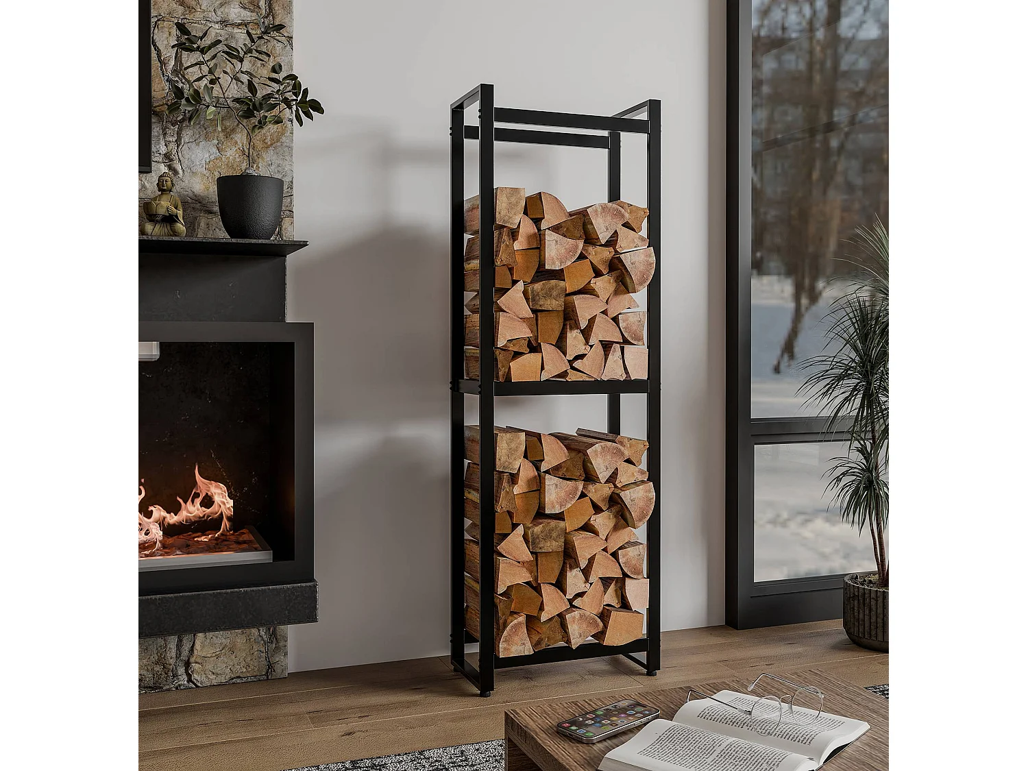 Etagère bois de cheminée - Métal - 50 x 25 x 150cm - Noir - Morson