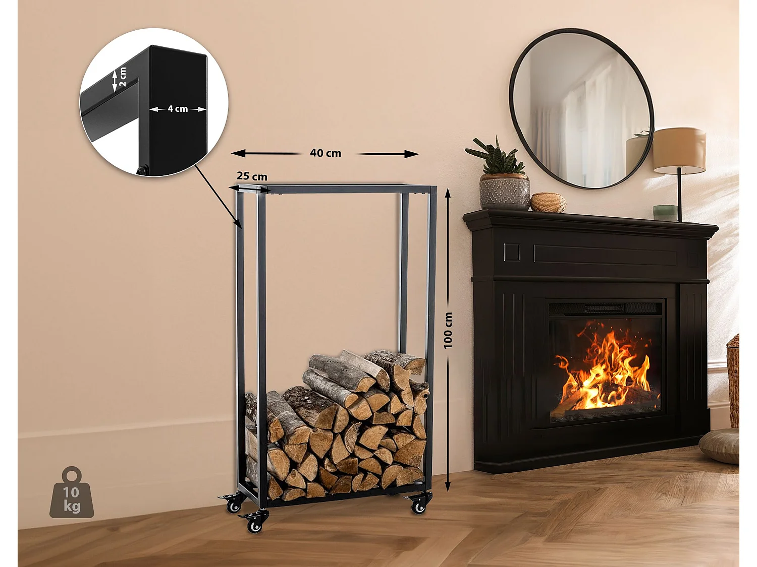 Kaminholzregal - Metall - 40 x 25 x 100cm - schwarz - Hetta