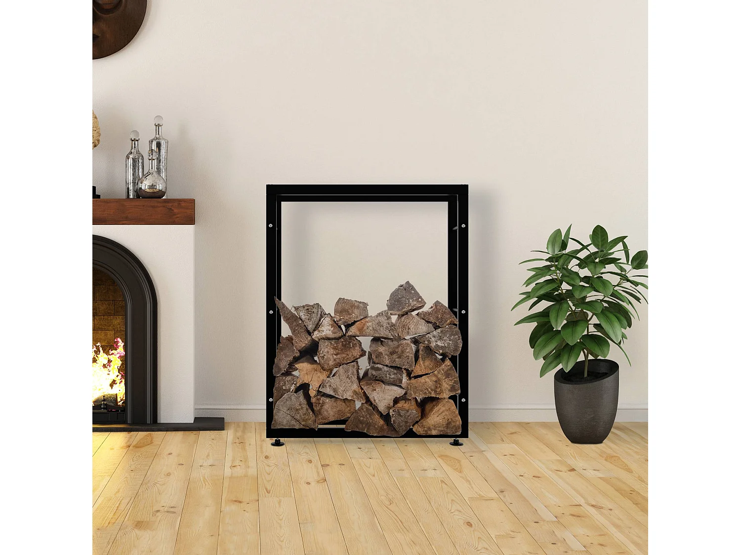Etagère bois de cheminée - Métal - 25x80x100 cm - Noir - Keri V2