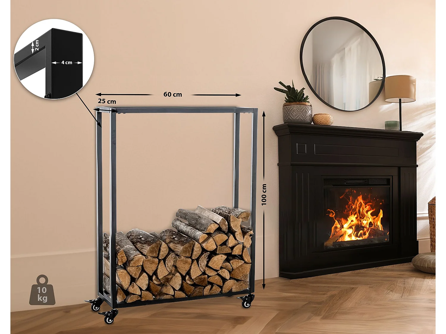 Etagère bois de cheminée - Métal - 60 x 25 x 100cm - Noir - Hetta