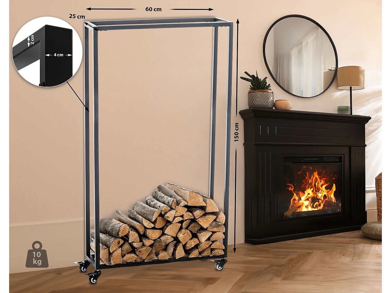 Porta legna - Metallo - 60 x 25 x 150cm - nero - Hetta