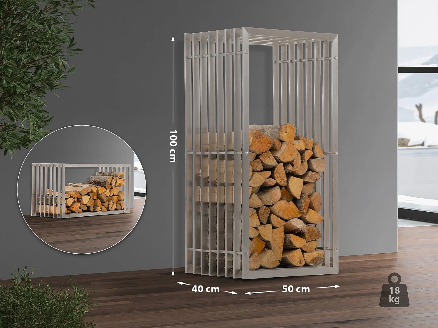 Kaminholzregal - Metall - 50 x 40 x 100cm - edelstahl - Irving