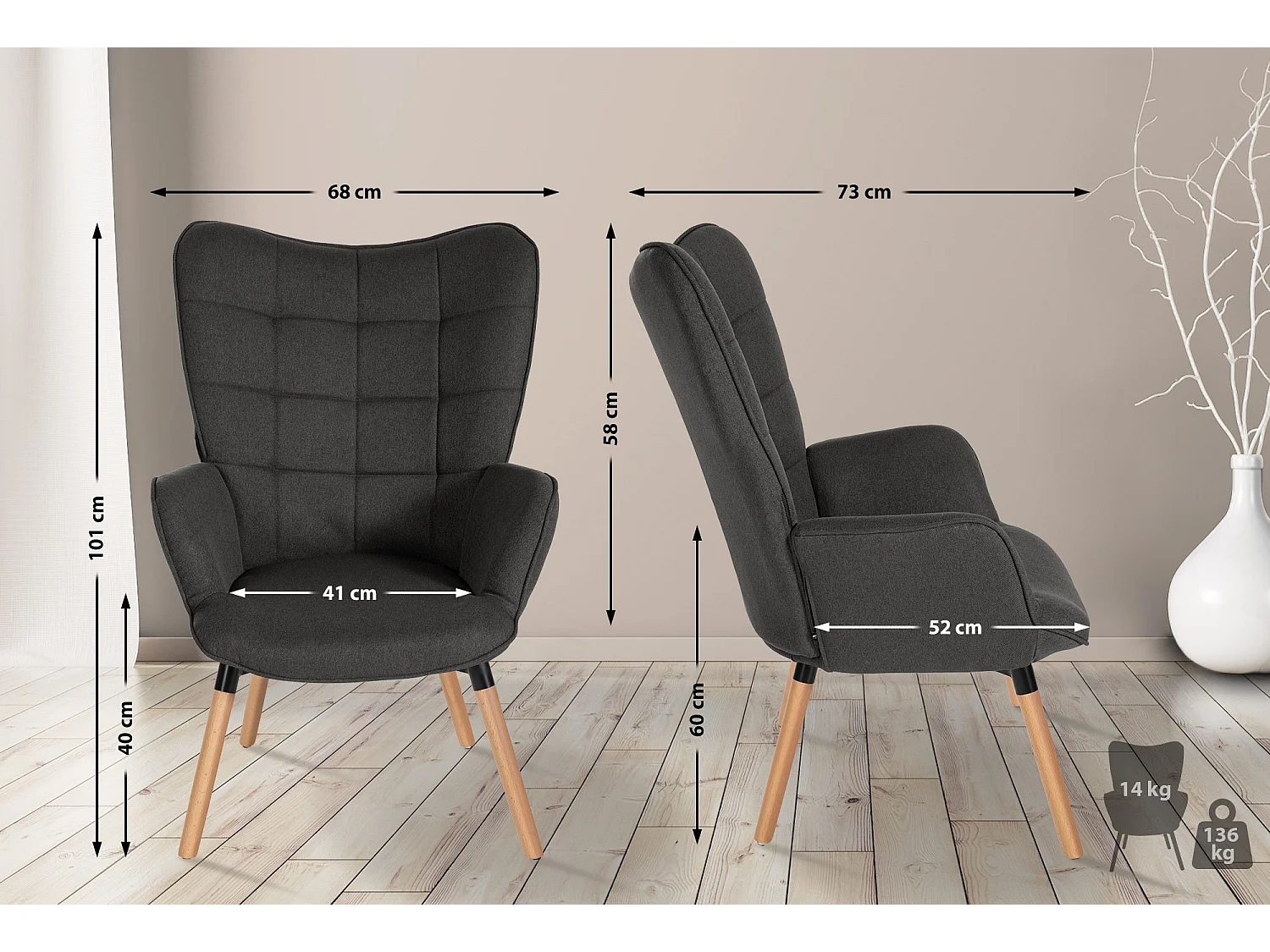 Fauteuil - Tissu & Bois - Gris foncé - Garding