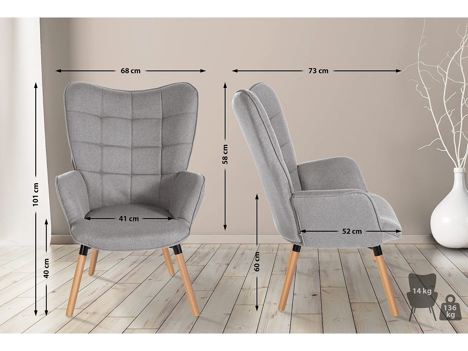 Fauteuil - Tissu & Bois - Gris - Garding