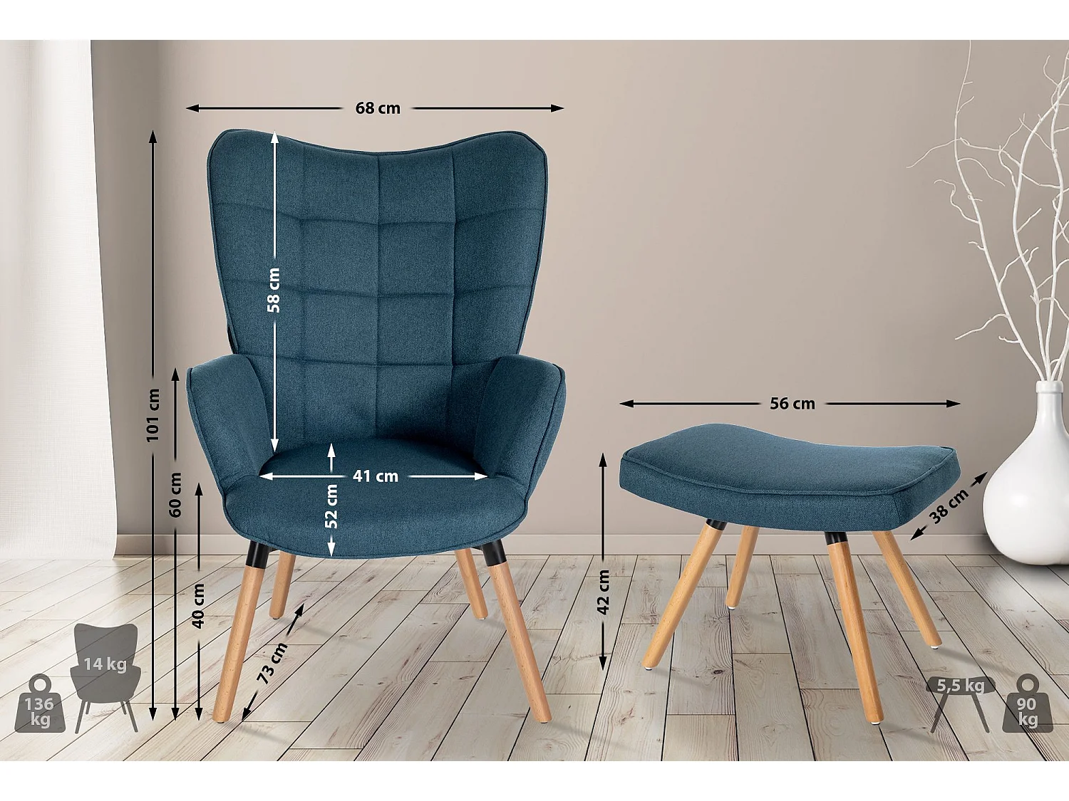 Fauteuil Avec Tabouret - Tissu - Bleu - Garding