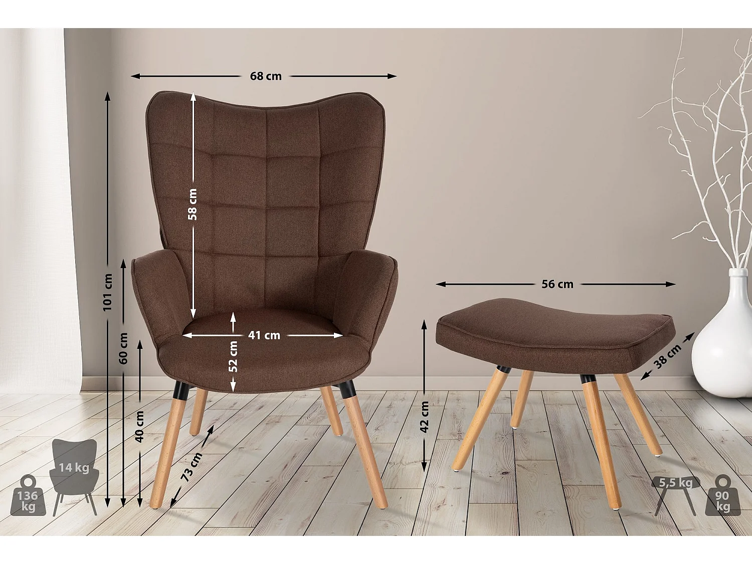 Fauteuil Avec Tabouret - Tissu & Bois - Marron - Garding