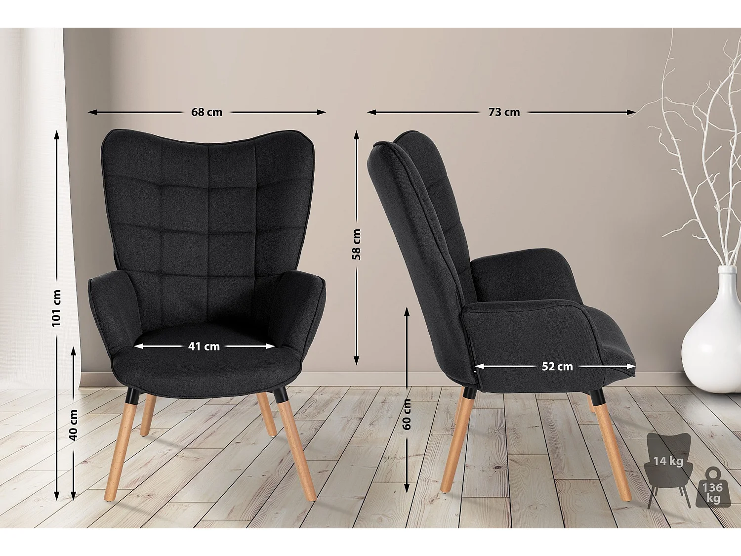 Fauteuil - Tissu & Bois - Noir - Garding