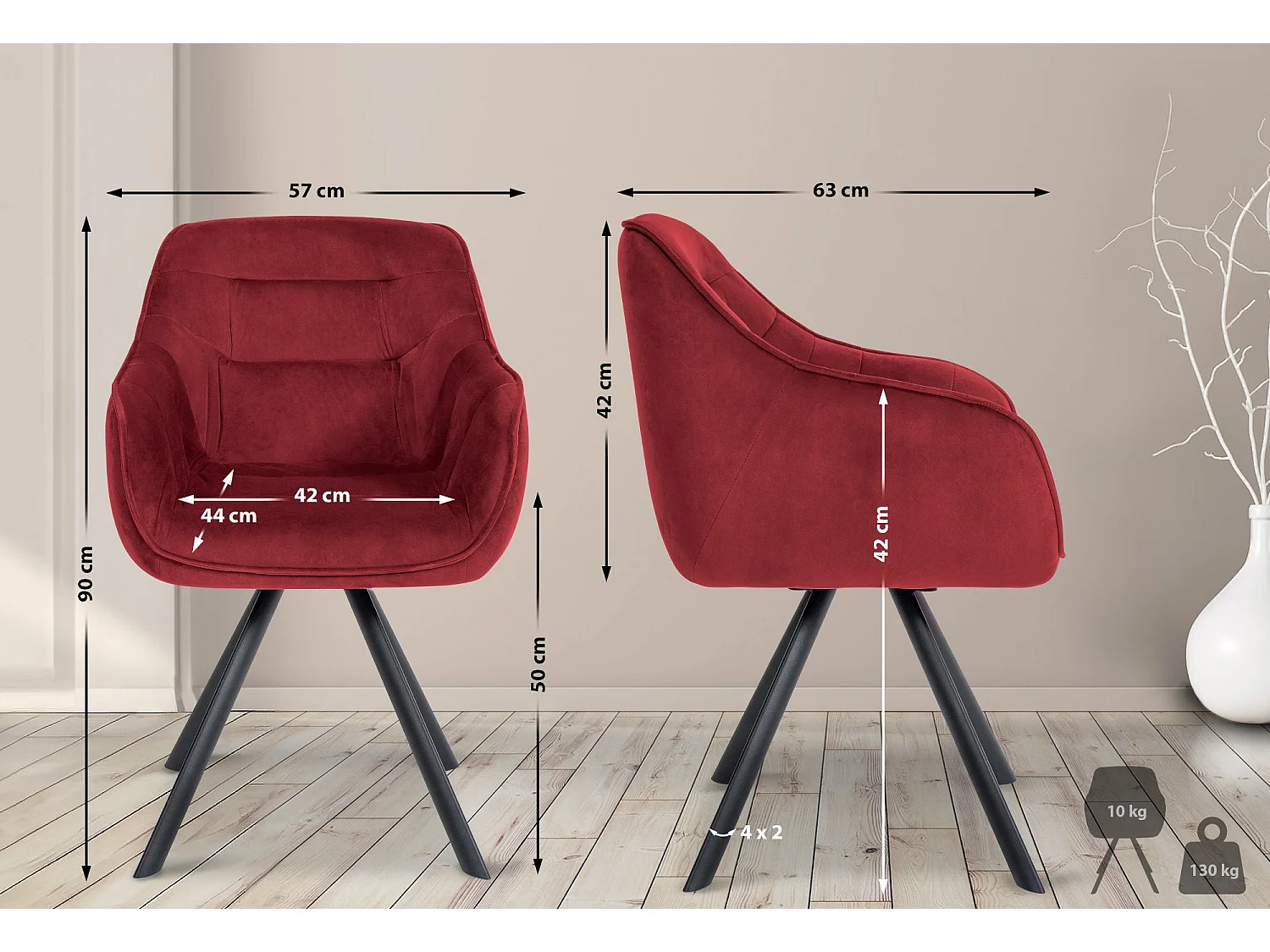 chaises avec accoudoirs - Velours - Bordeaux - Russel