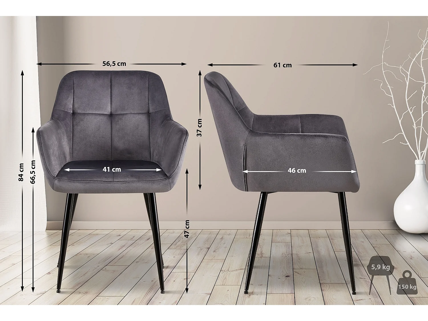 Lot de 2  chaises avec accoudoirs - Velours - Gris - Emia