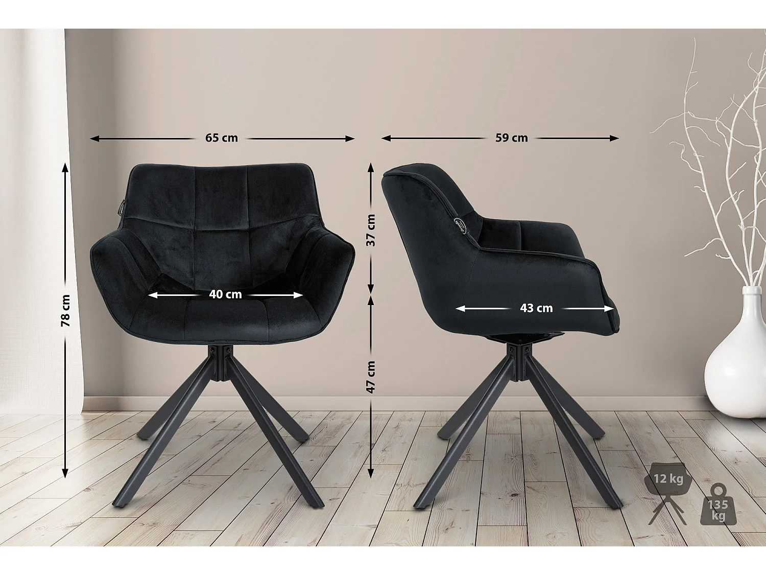 chaise salle à manger - Velours & Noir - Noir - Westport