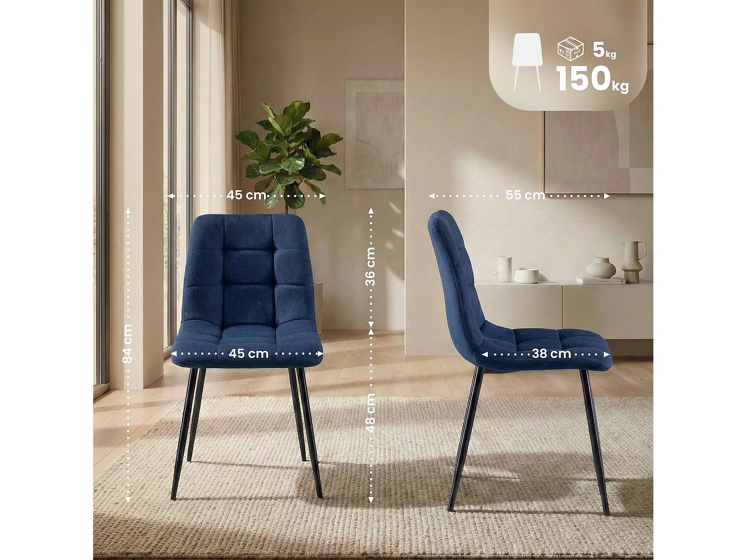 Lot de 4  chaise salle à manger - Tissu - Bleu - Antibe