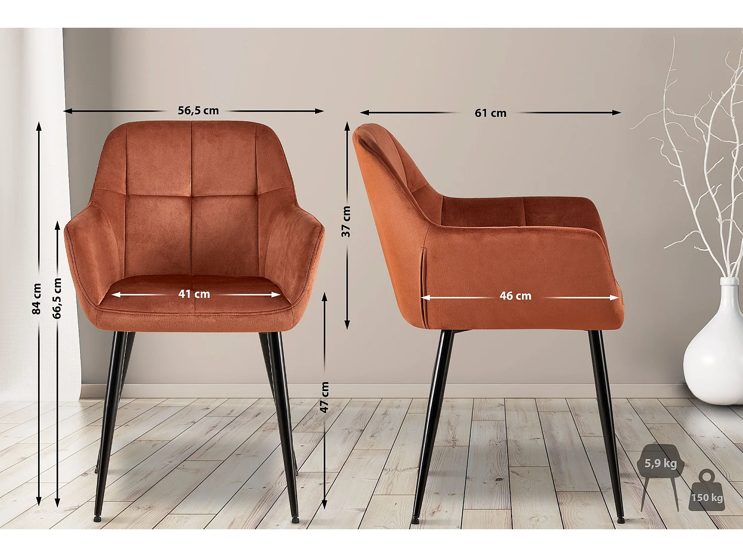 Lot de 4  chaises avec accoudoirs - Velours - Marron - Emia