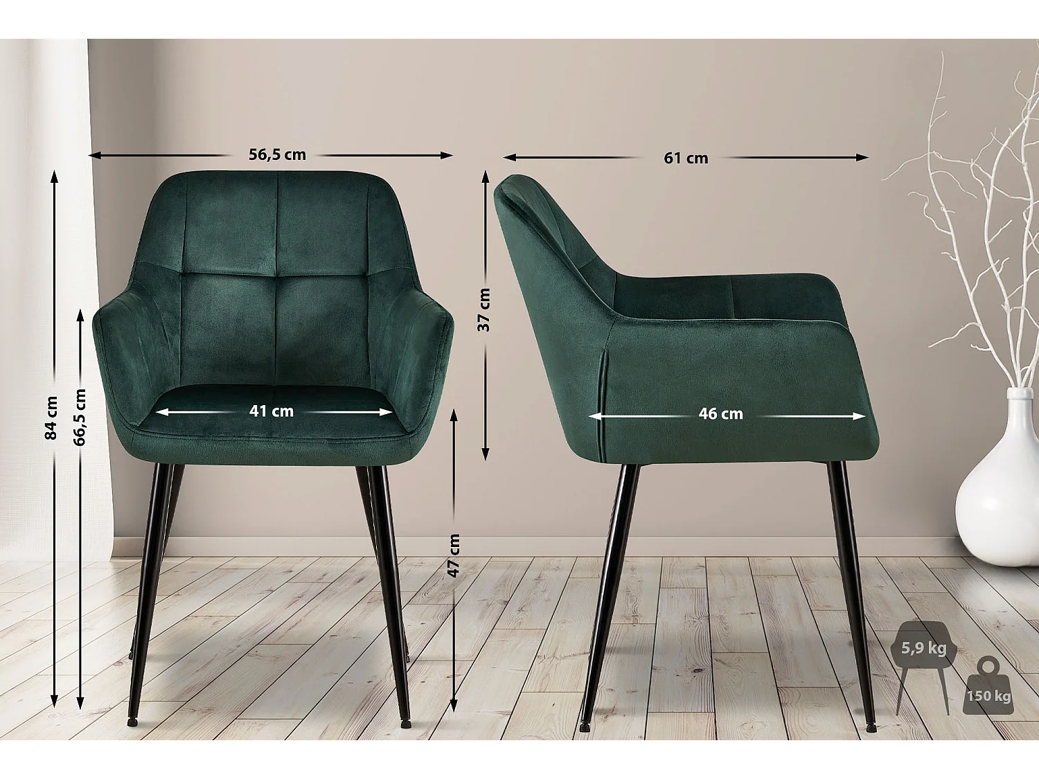 Lot de 4  chaises avec accoudoirs - Velours - Vert - Emia