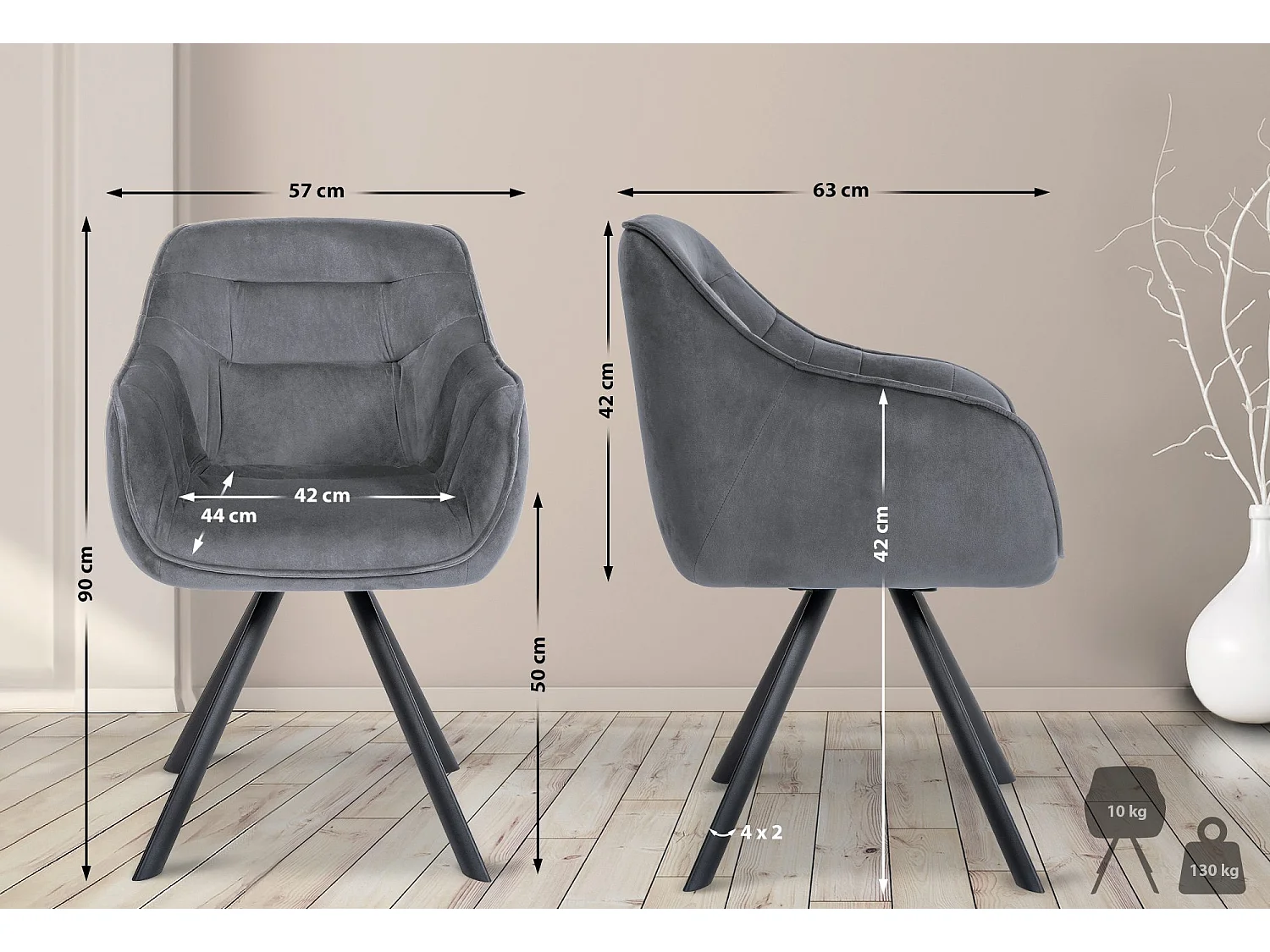 Sedia con braccioli - Velluto - grigio scuro - Russel