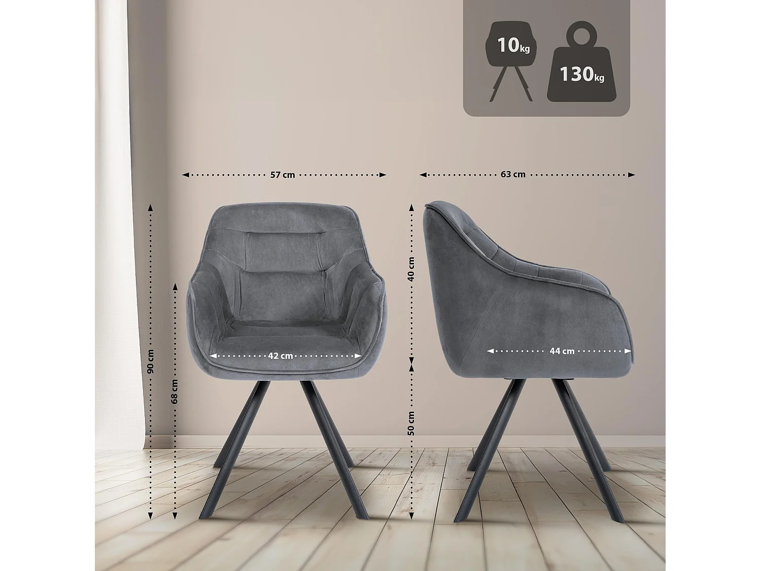 chaises avec accoudoirs - Velours - Gris foncé - Russel