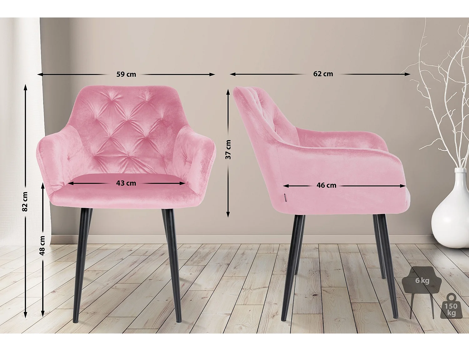 Lot de 2  Chaise gondole - Velours & Métal - Rose - Stanley
