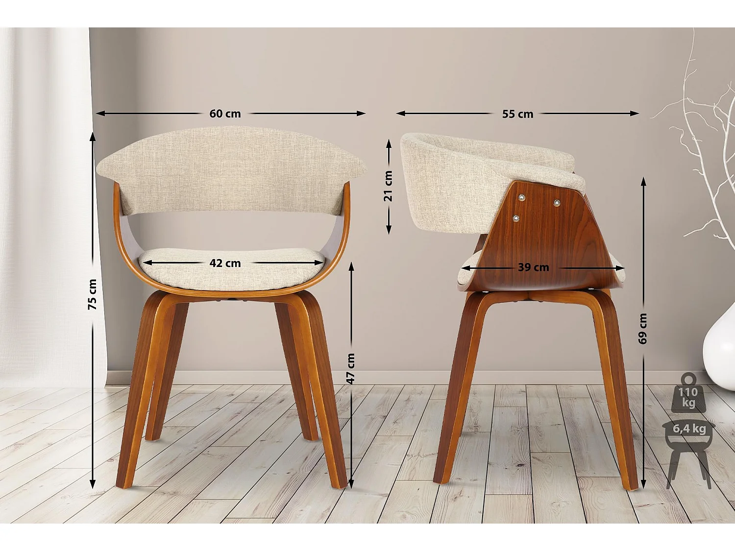 Lot de 2  chaises avec accoudoirs - Tissu - Noyer / Crème - Bruce