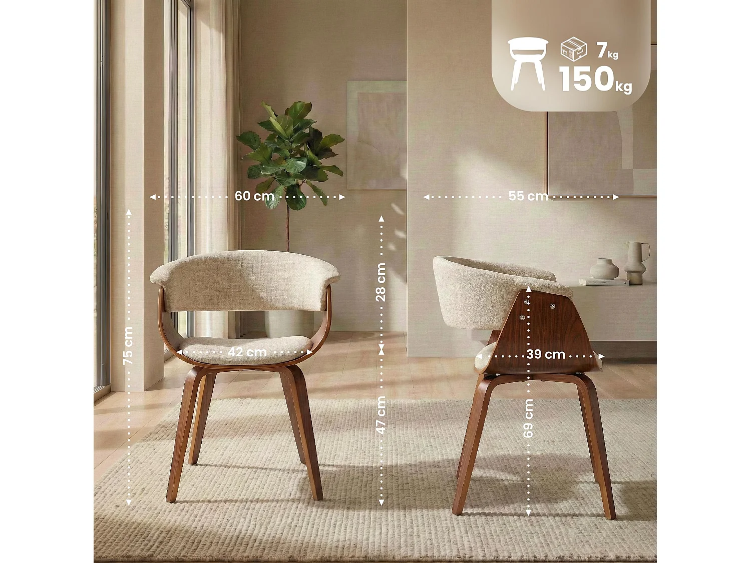 Lot de 2  chaises avec accoudoirs - Tissu - Noyer / Crème - Bruce