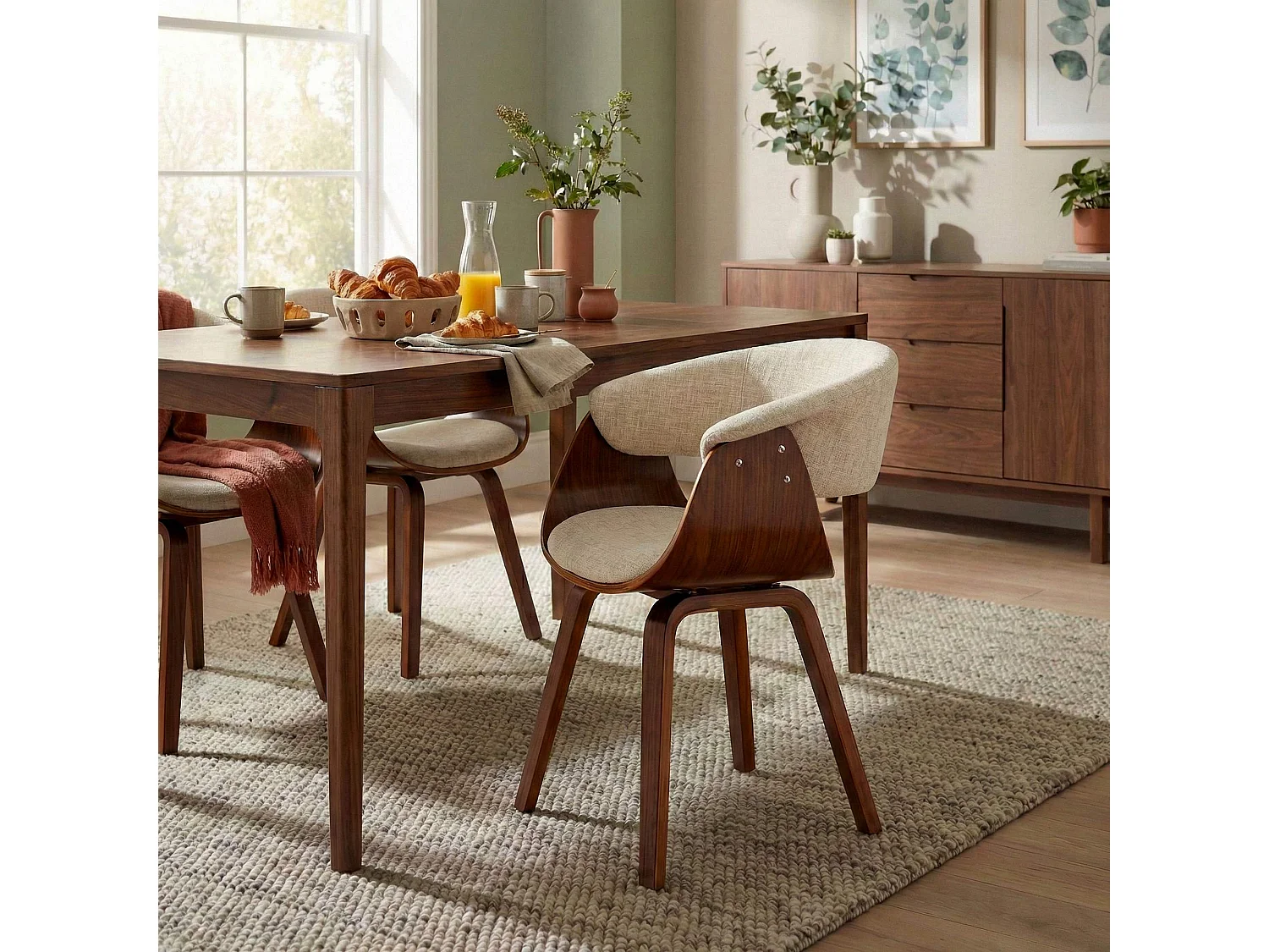 Lot de 2  chaises avec accoudoirs - Tissu - Noyer / Crème - Bruce