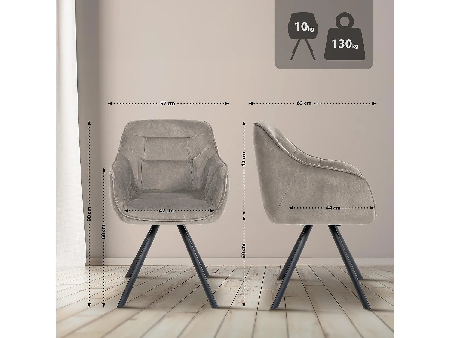 chaises avec accoudoirs - Velours - Gris - Russel