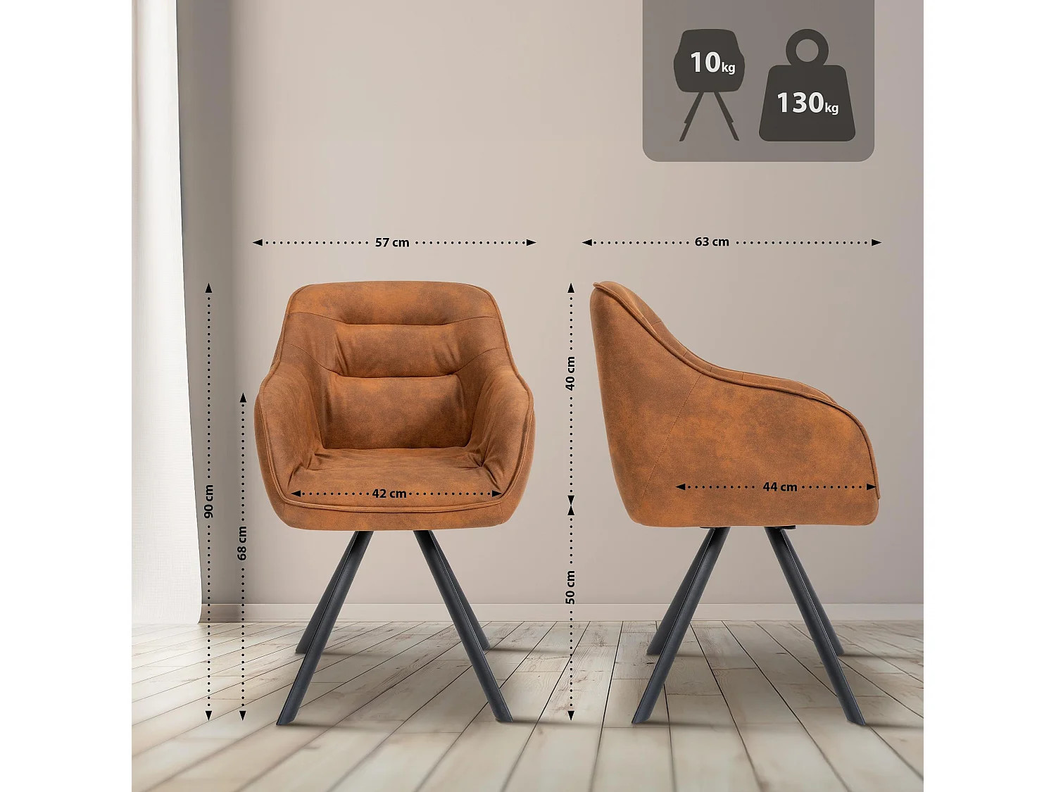 chaises avec accoudoirs - Tissu vintage - Marron clair - Russel