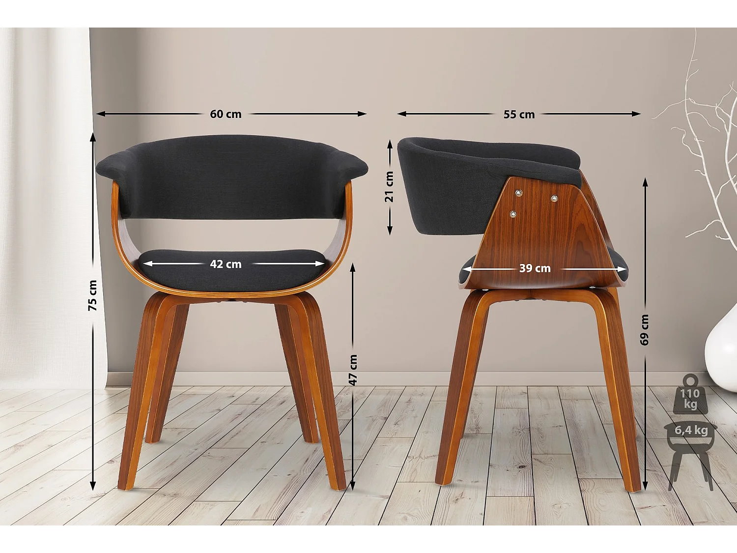 Lot de 2  chaises avec accoudoirs - Tissu - Noyer / Noir - Bruce