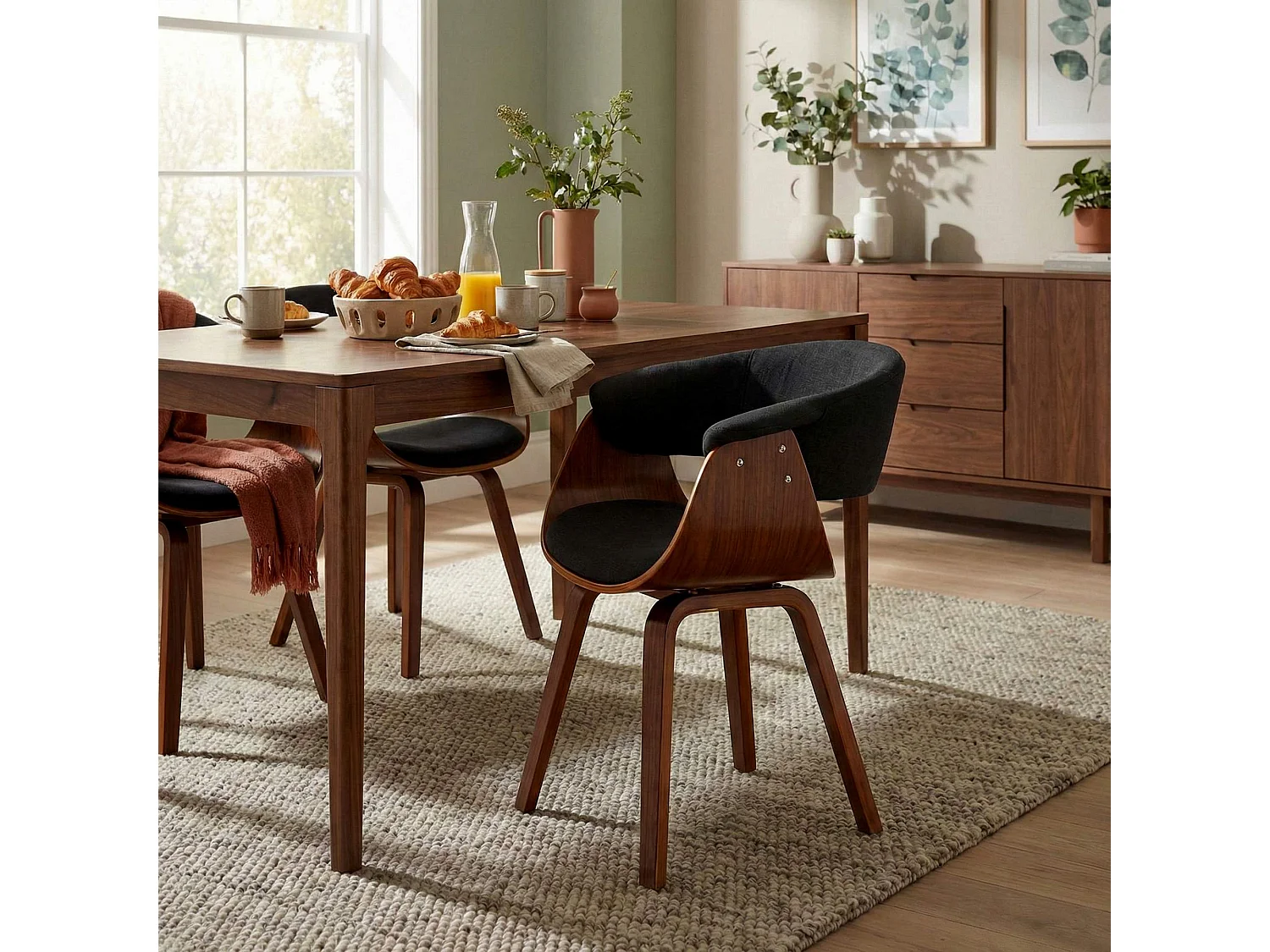 Lot de 2  chaises avec accoudoirs - Tissu - Noyer / Noir - Bruce