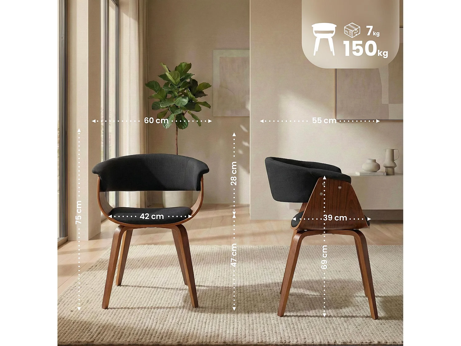 Lot de 2  chaises avec accoudoirs - Tissu - Noyer / Noir - Bruce