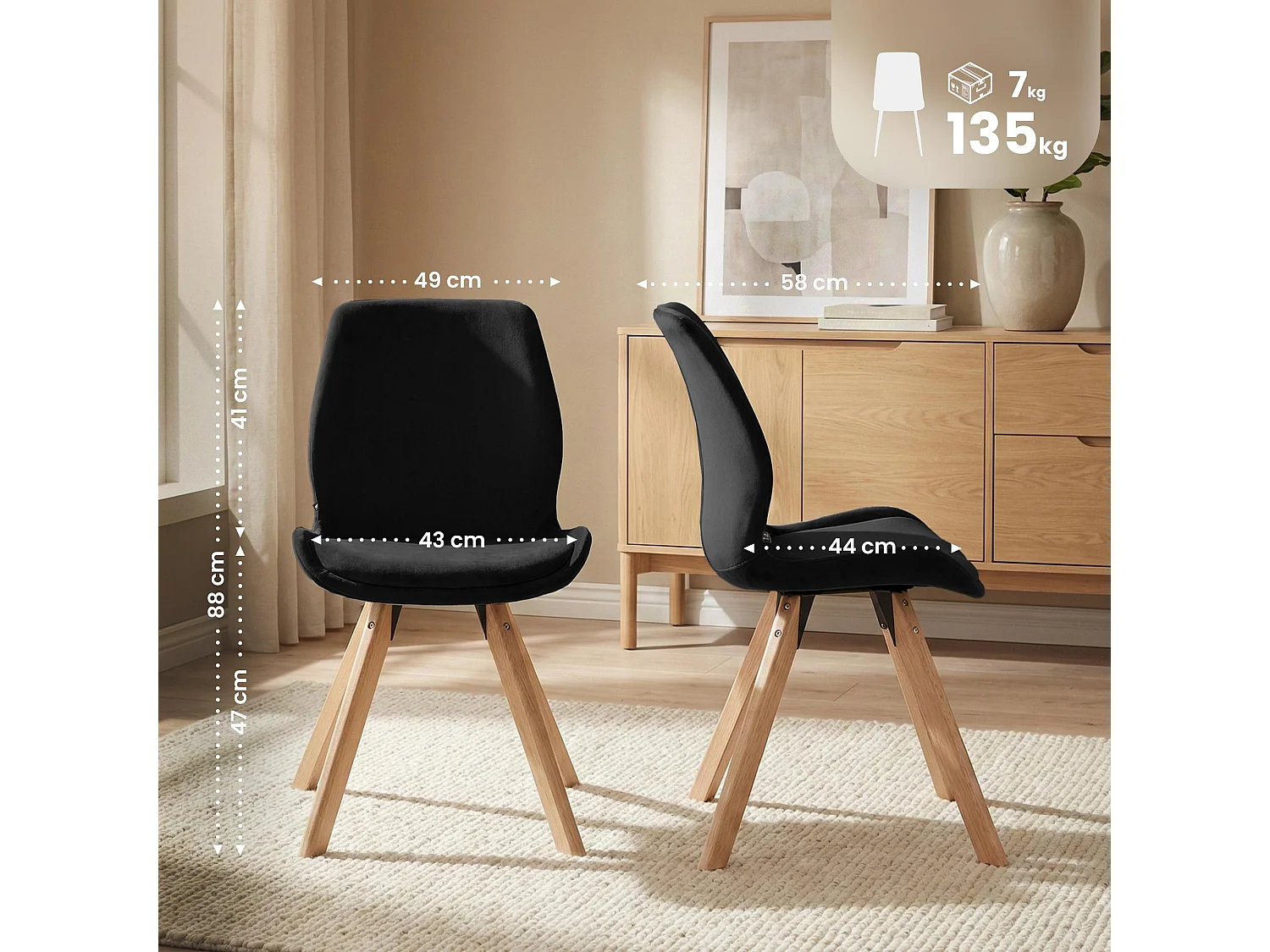 Lot de 2  chaise salle à manger - Velours - Noir - Luna