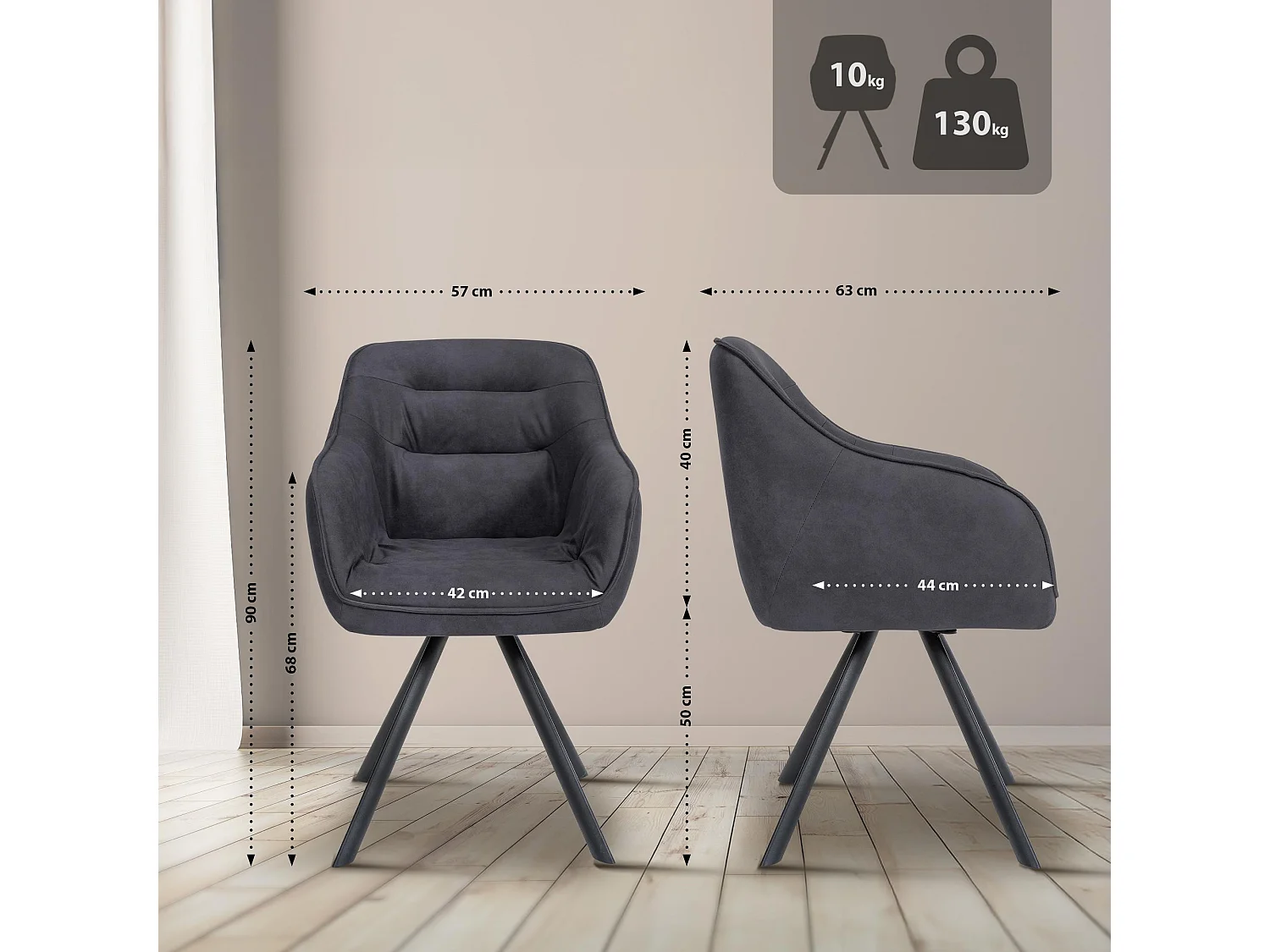 chaises avec accoudoirs - Tissu vintage - Noir - Russel