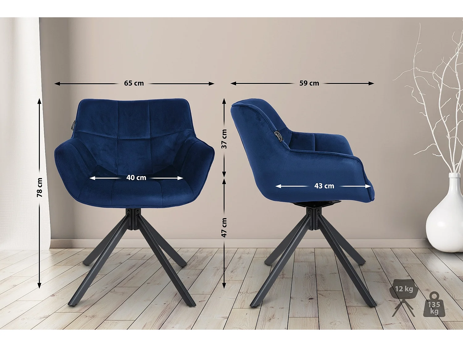 chaise salle à manger - Velours - Bleu - Westport