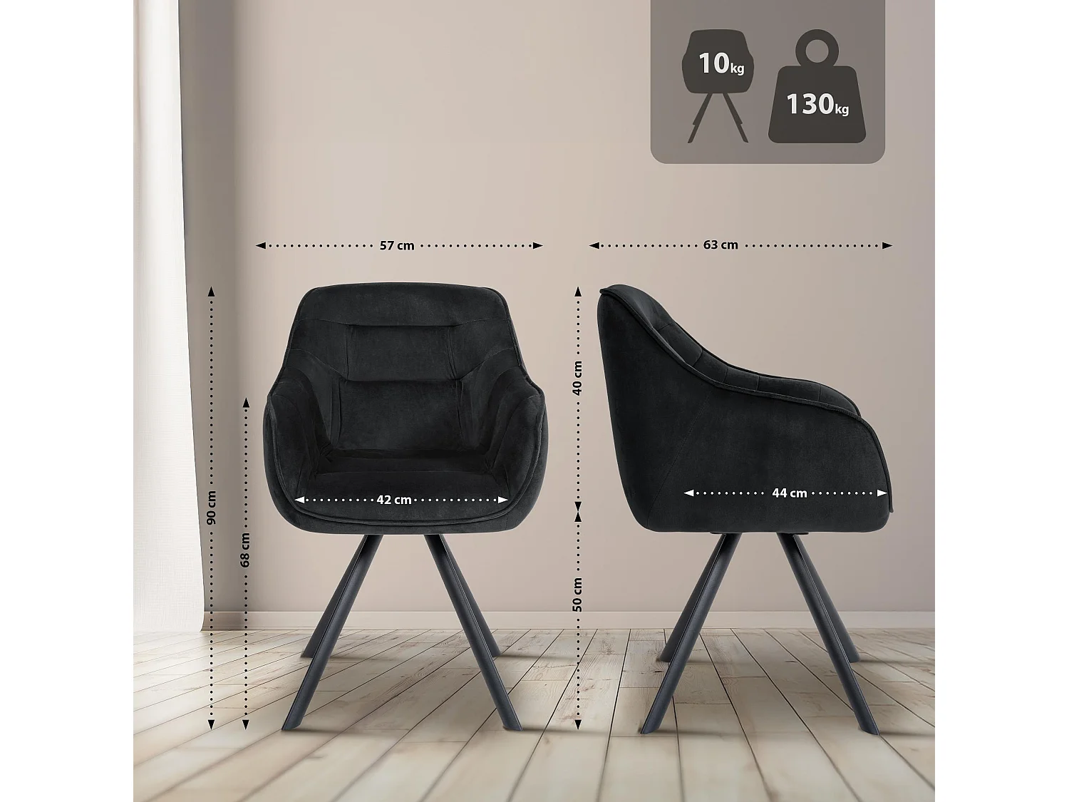 chaises avec accoudoirs - Velours - Noir - Russel