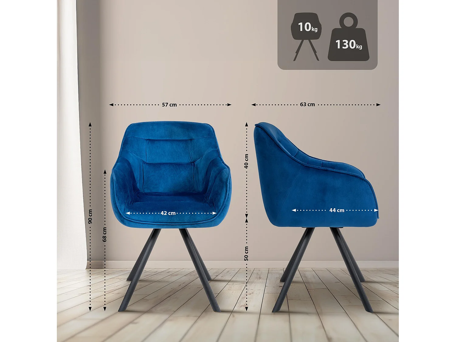 chaises avec accoudoirs - Velours - Bleu - Russel