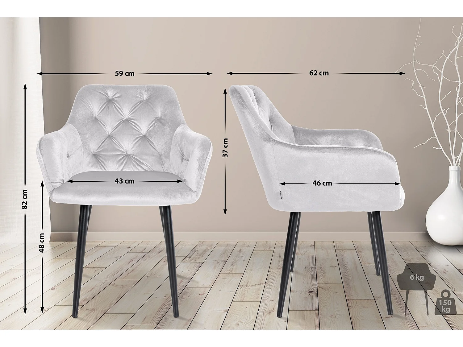 Lot de 2  chaises avec accoudoirs - Velours - Gris - Stanley