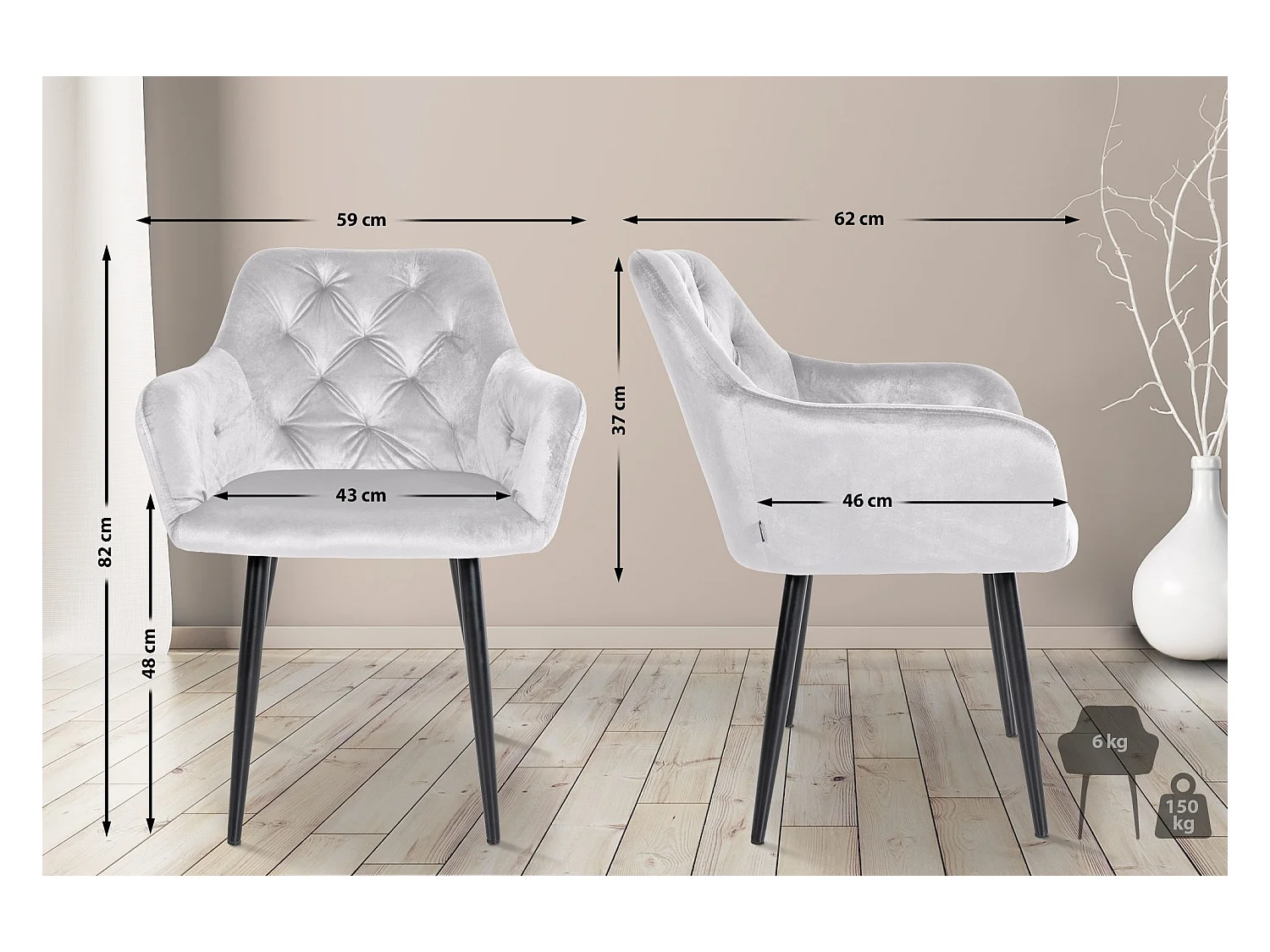 Lot de 2  chaises avec accoudoirs - Velours - Gris - Stanley