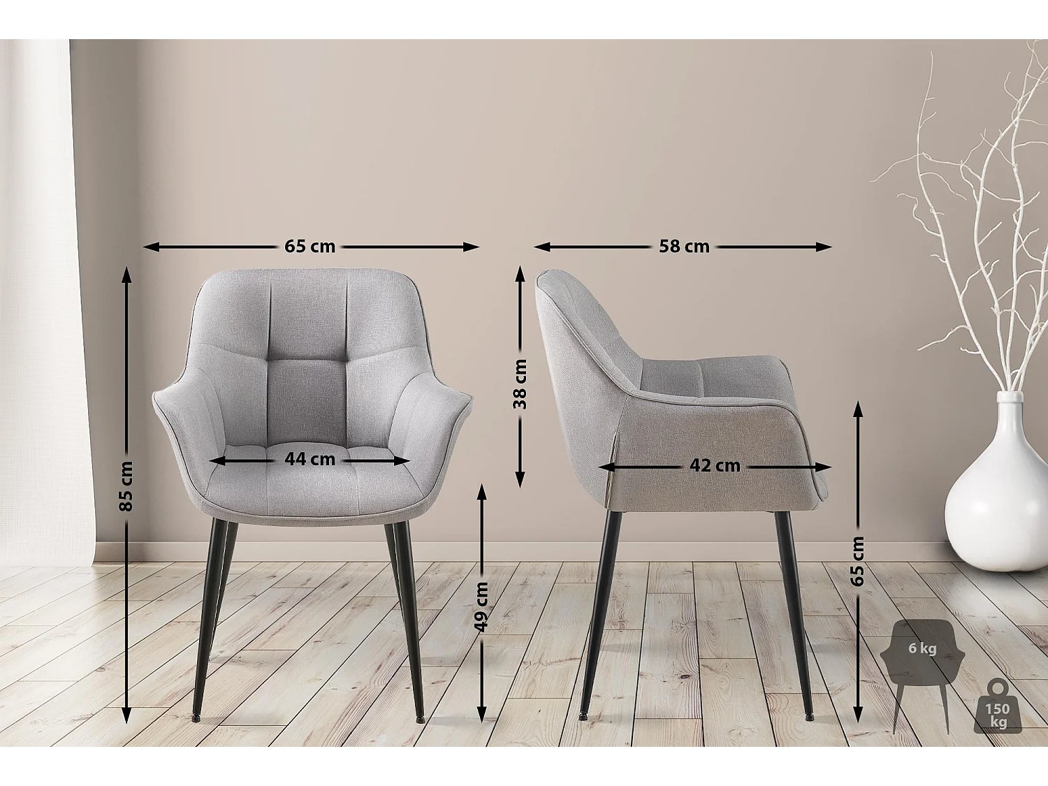 chaises avec accoudoirs - Tissu - Gris - Roseville