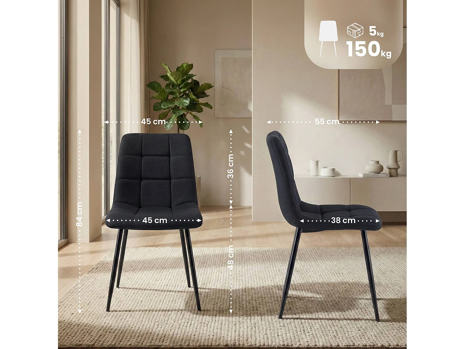 Lot de 4  chaise salle à manger - Tissu - Noir - Antibes