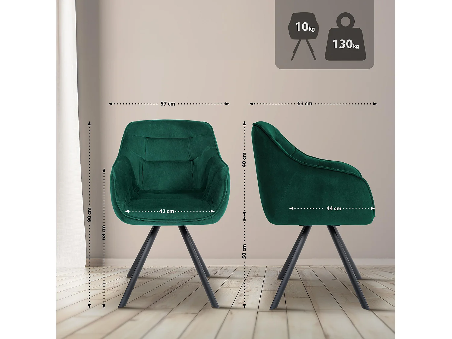 chaises avec accoudoirs - Velours - Vert - Russel