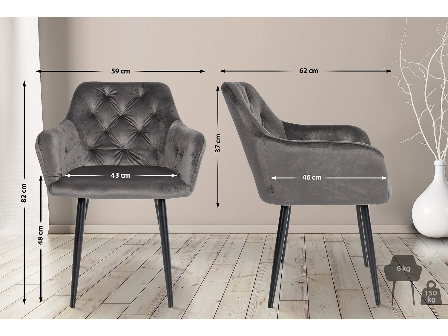 Lot de 2  chaises avec accoudoirs - Velours - Gris foncé - Stanley