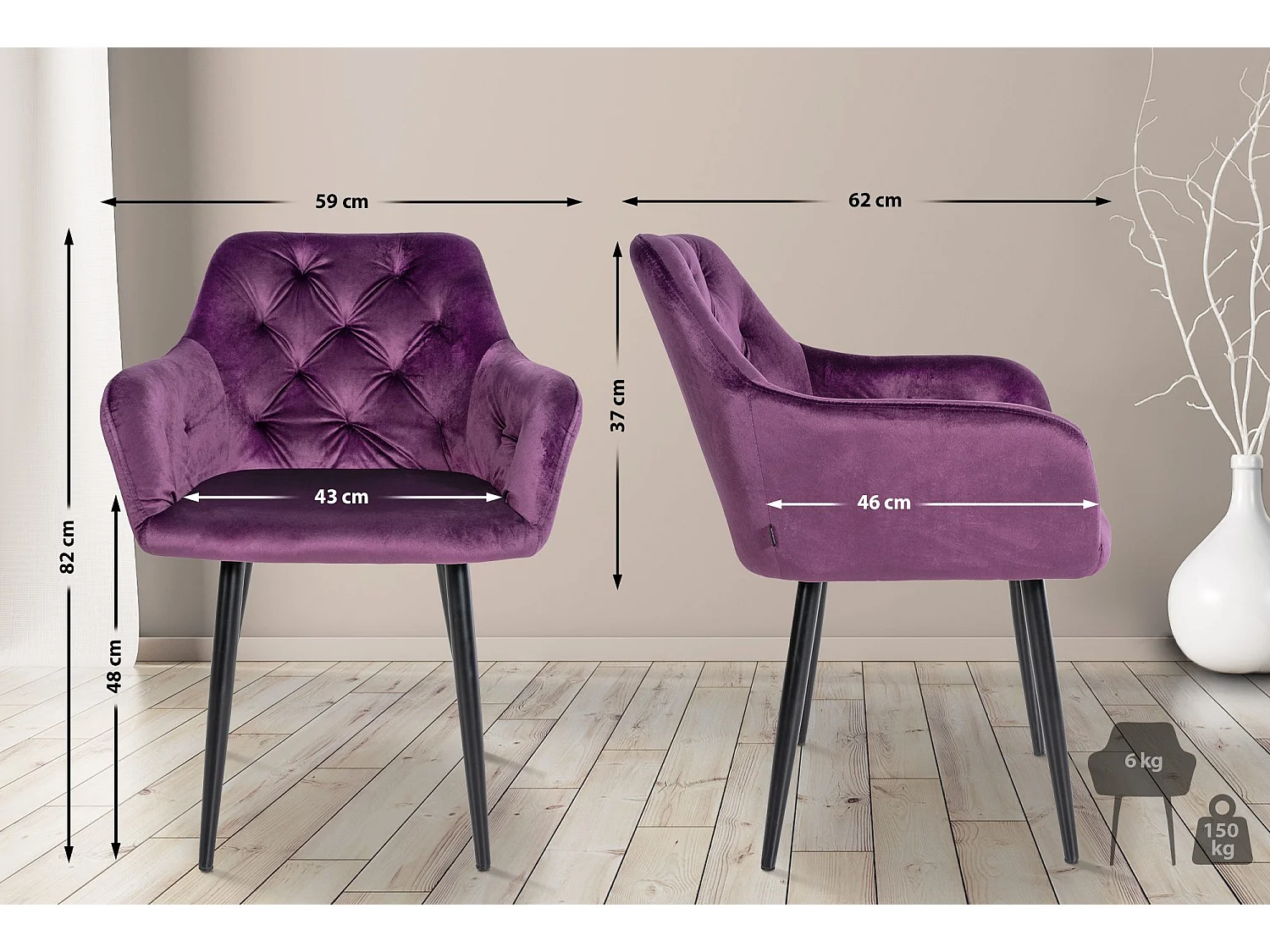 Lot de 2  Chaise gondole - Velours & Métal - Violet - Stanley