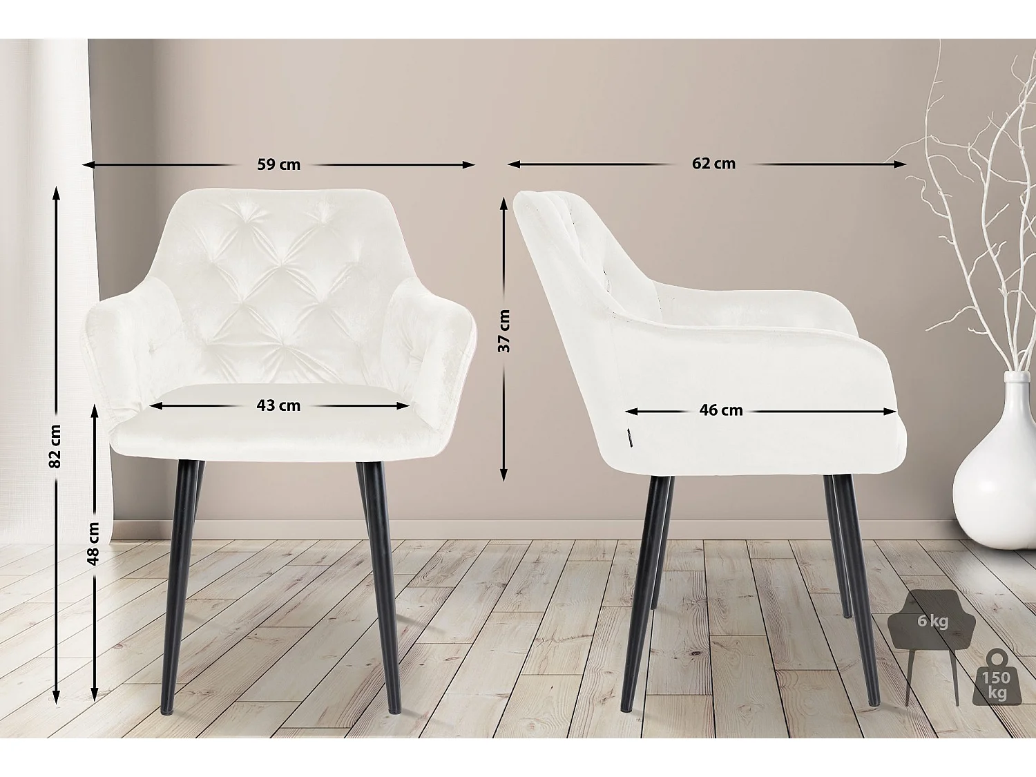 Lot de 2  chaises avec accoudoirs - Velours - Crème - Stanley